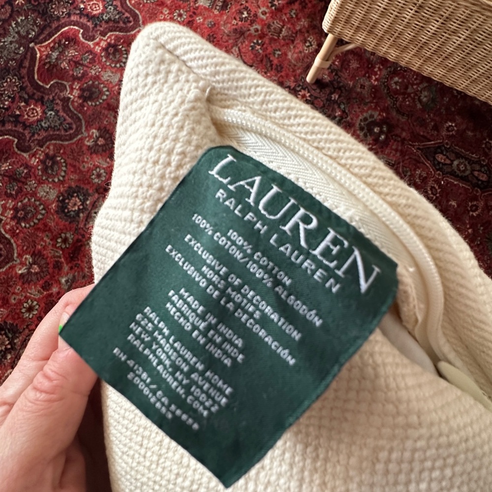 Lauren Ralph Lauren Ivory Textured Pillow 20” Square Zipper Down LRL Monogram - Picture 2 of 10